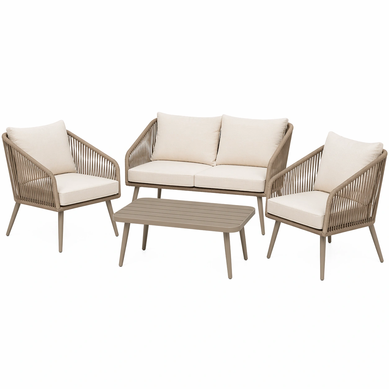 4-teiliges Outdoor Lounge Set mit 2 Sesseln, 1 Sofa und 1 Tisch, modernes Seilgeflecht Design, Beige-movqira