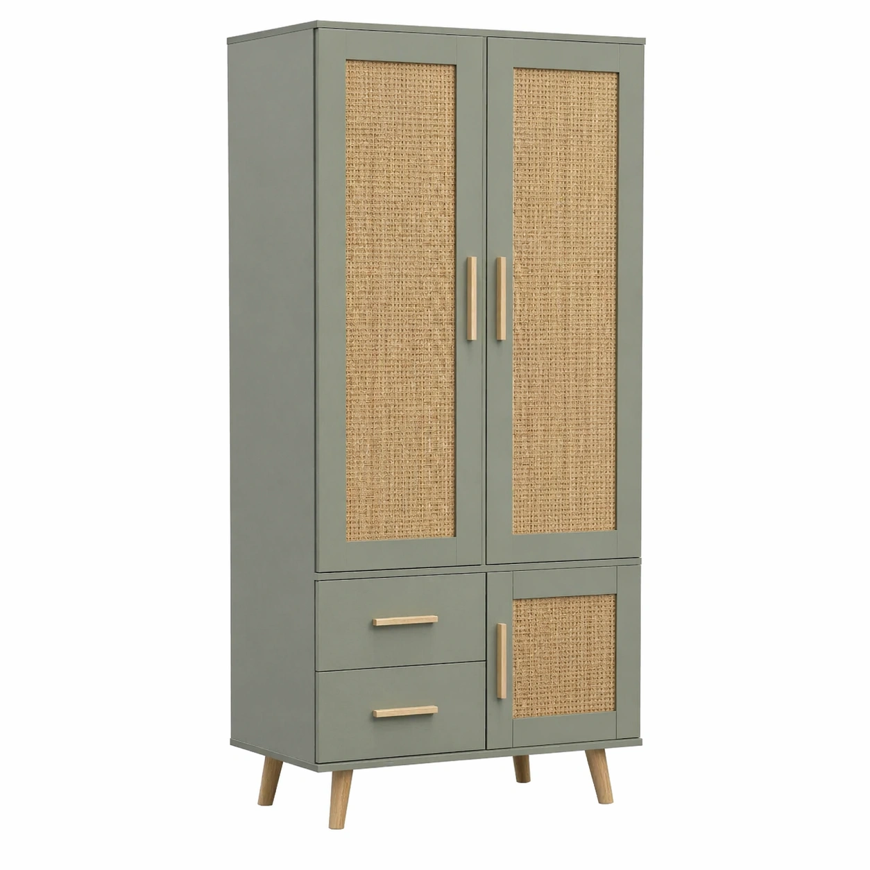 Kleiderschrank mit 3 Tueren und 2 Schubladen, Rattan Front, moderner Stauraumschrank fuer Schlafzimmer, kompakt und funktional, Gruen-movqira