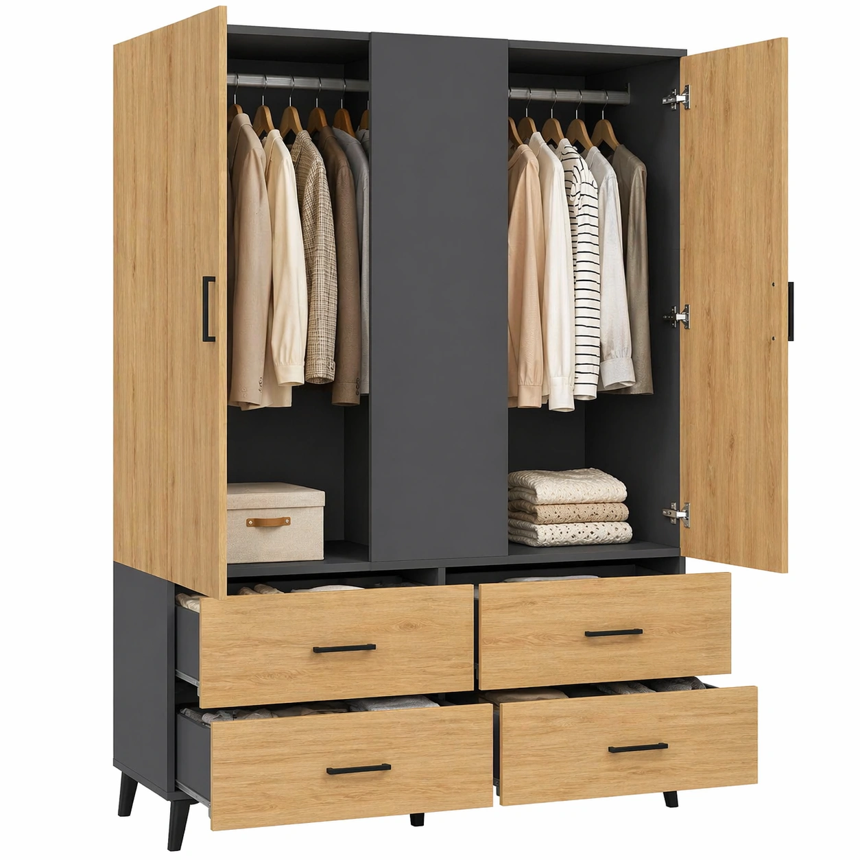 Moderner Kleiderschrank mit 2 Tueren, 4 Schubladen und Kleiderstange Grosses Stauraum System fuer Schlafzimmer und Kinderzimmer-movqira