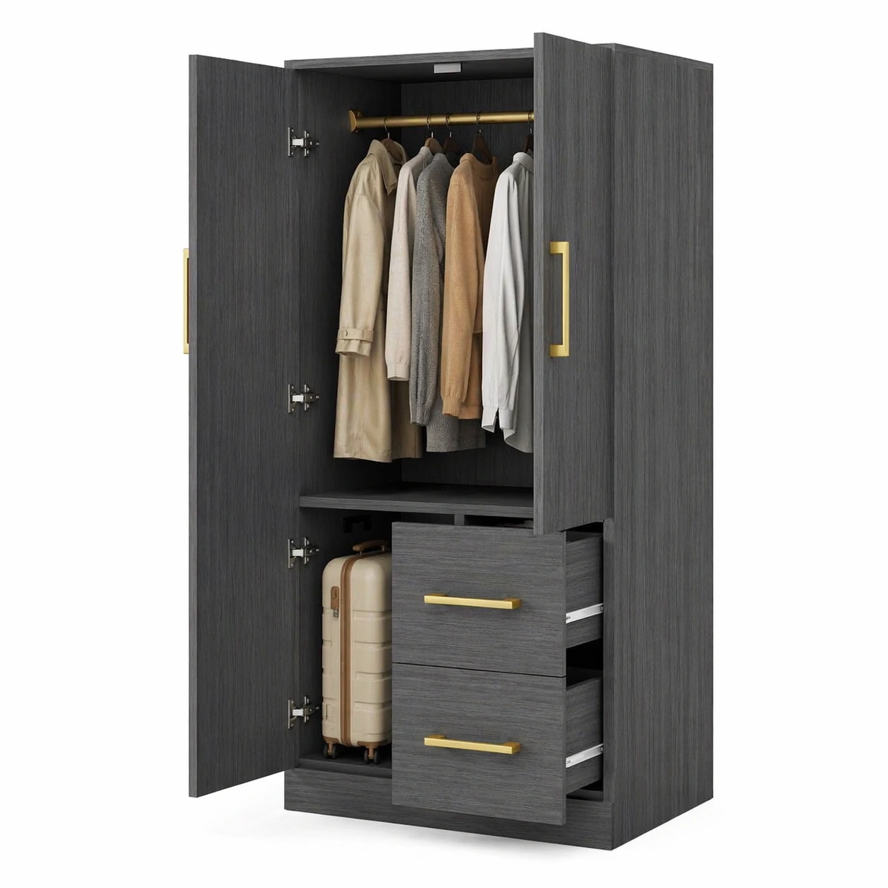 Kleiderschrank mit 2 Tueren, Kleiderstange und 2 Schubladen, Moderner Mehrzweckschrank mit Stauraum-movqira