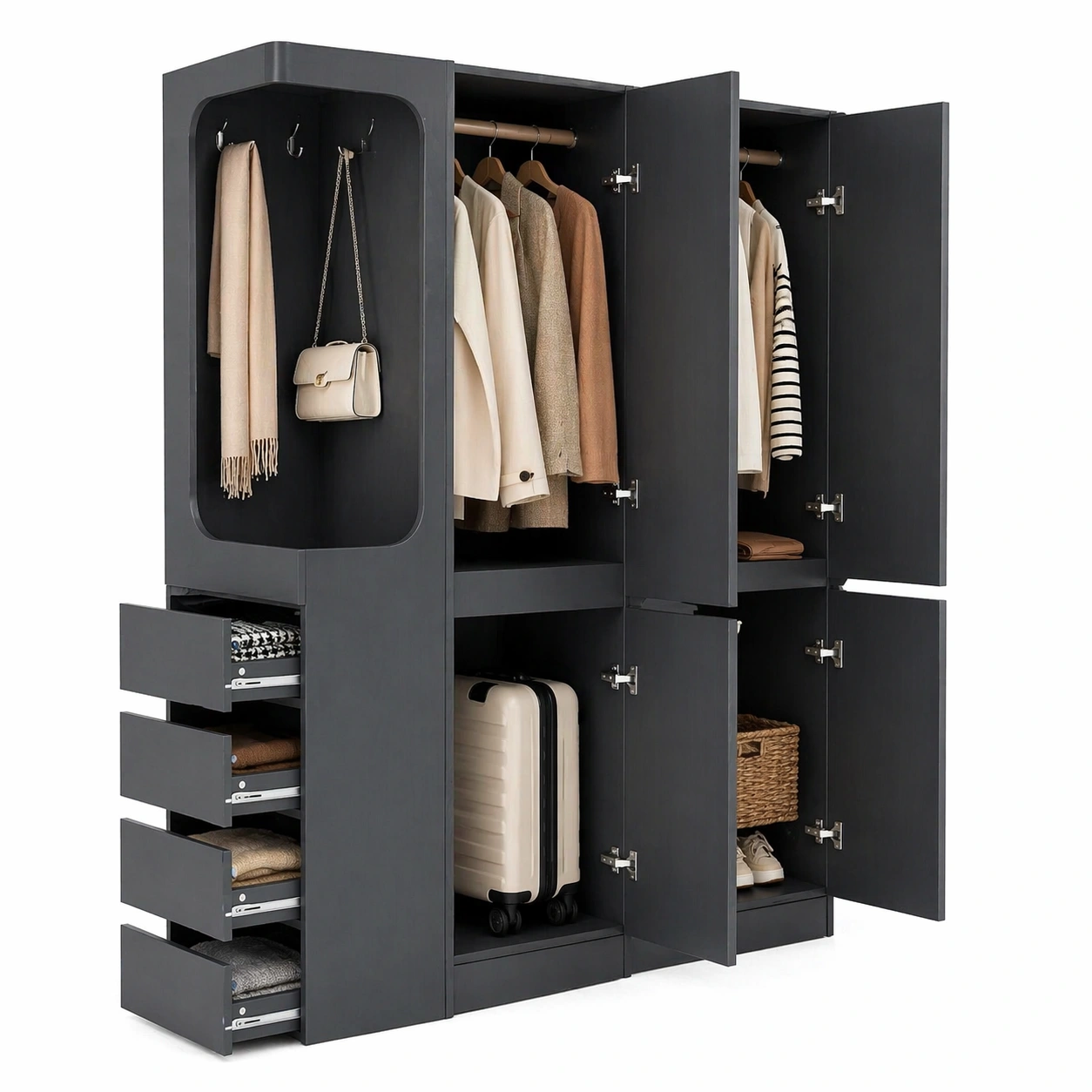 Moderner Kleiderschrank mit Haengebereich, Schubladen und Stauraum, 4 Tueren, funktionales Design, Dunkelgrau-movqira