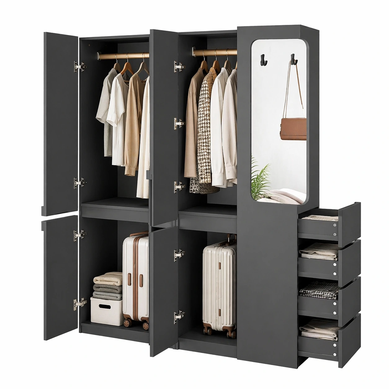 Kleiderschrank 140x40x170 cm mit Spiegel und Schubladen Moderner Mehrzweck Schrank Dunkelgrau-movqira