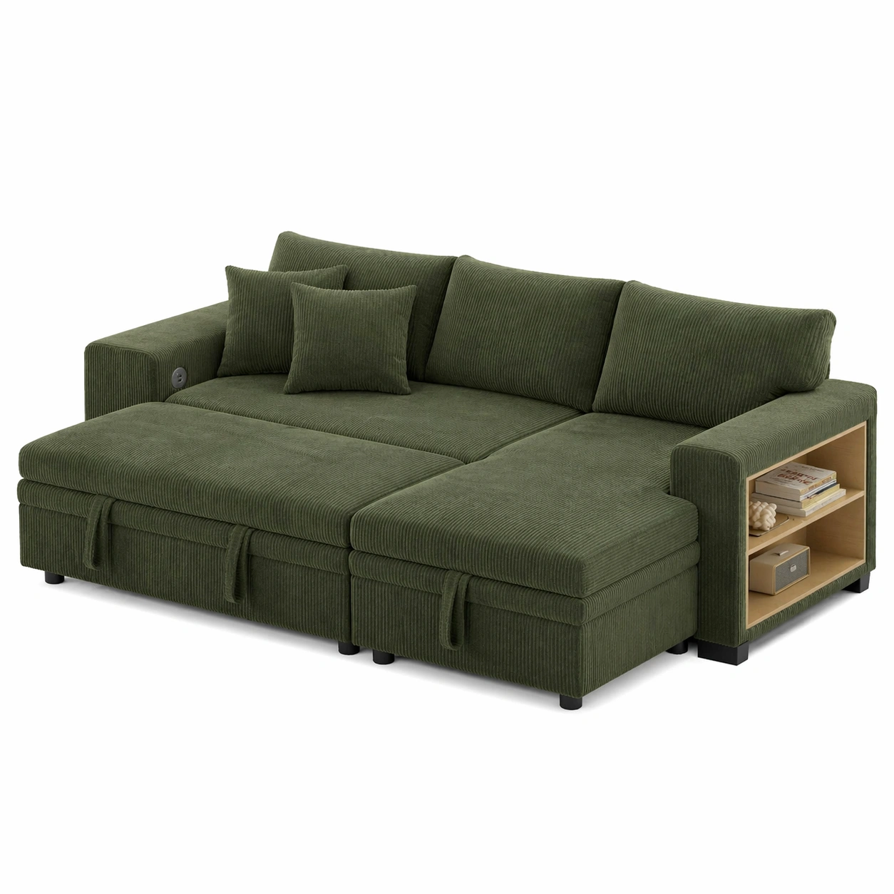 L Form Schlafsofa 3 Sitzer mit Bettfunktion, Cord Sofa mit Stauraum, USB Anschluss und Seitenregal, modernes Ecksofa mit Schlaffunktion, Gruen-movqira