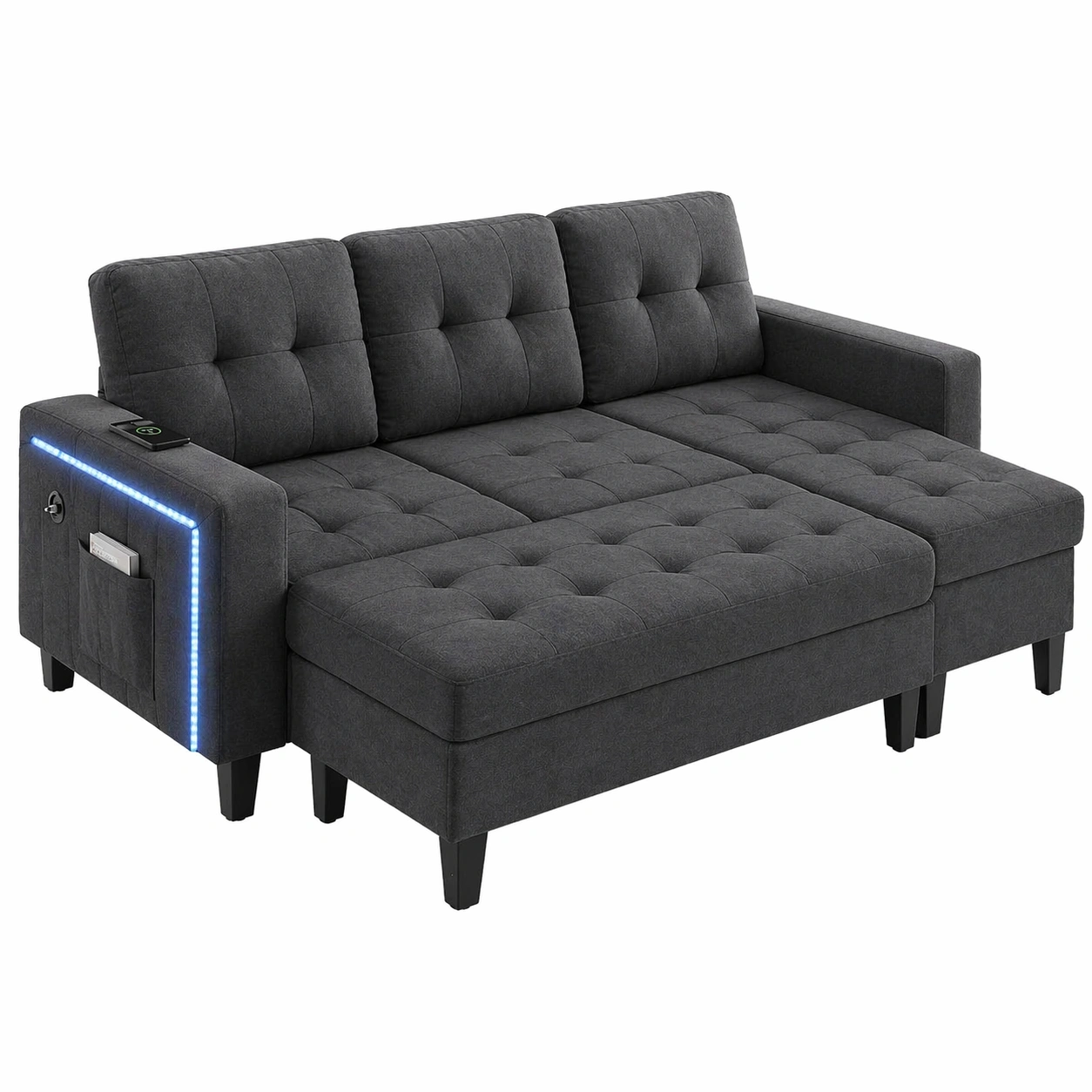 Modernes 3-Sitzer Schlafsofa mit L Form, modulare Couch mit LED Beleuchtung, Stauraum und Seitenfaechern, Dunkelgrau-movqira