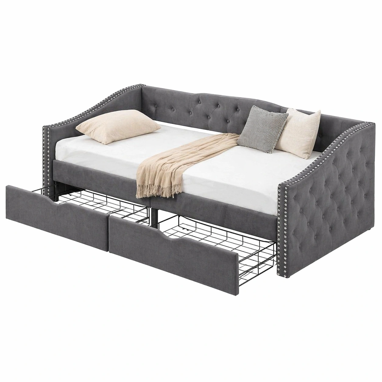 Schlafsofa 90x200 cm mit Ausziehfunktion und Schubladen Gepolstertes Tagesbett 2 Sitzer Hellgrau-movqira