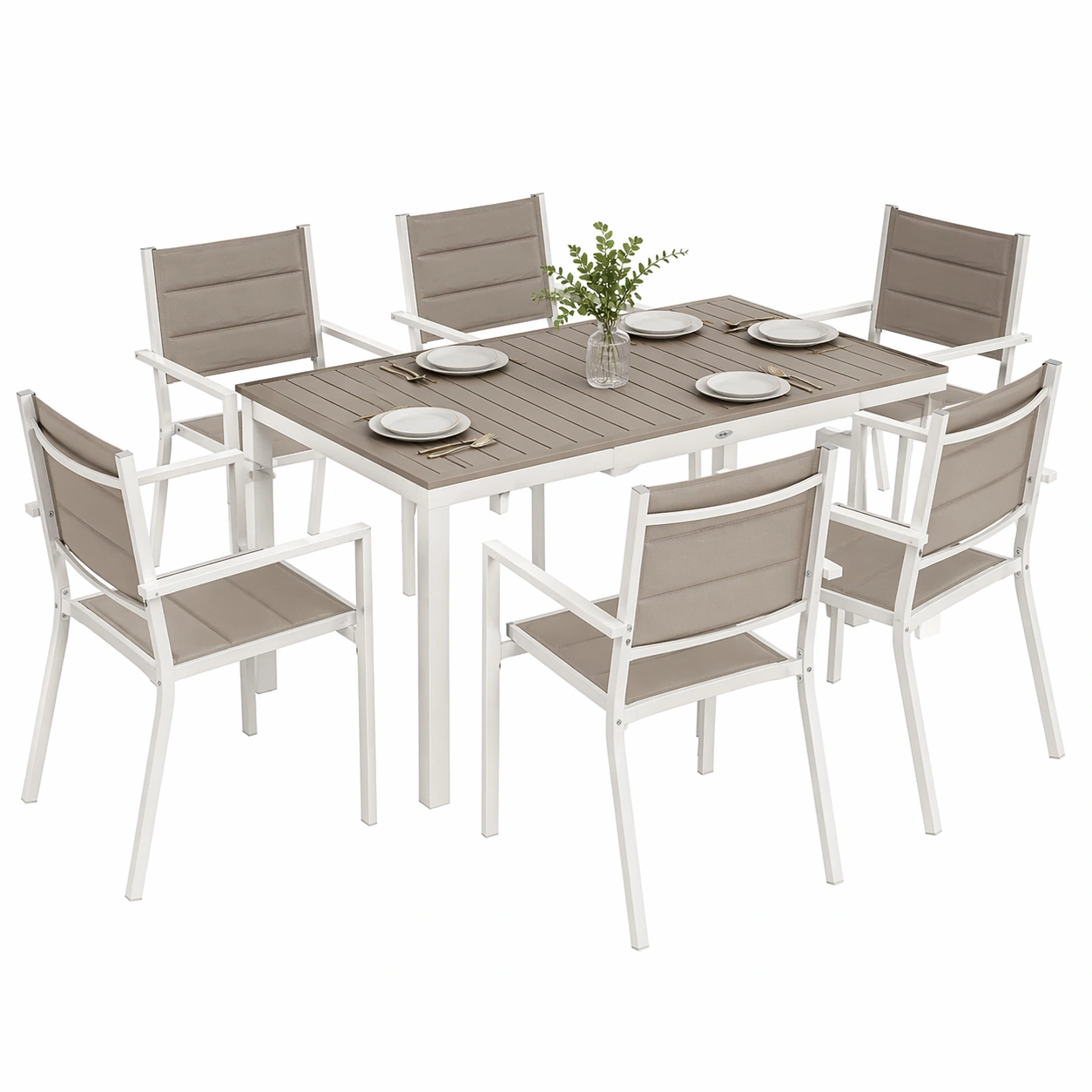 7-teiliges Gartenmoebel Set mit ausziehbarem Tisch und 6 Stapelstuehlen, Aluminium Essgruppe fuer Terrasse und Balkon, modern und platzsparend, Weiss-movqira