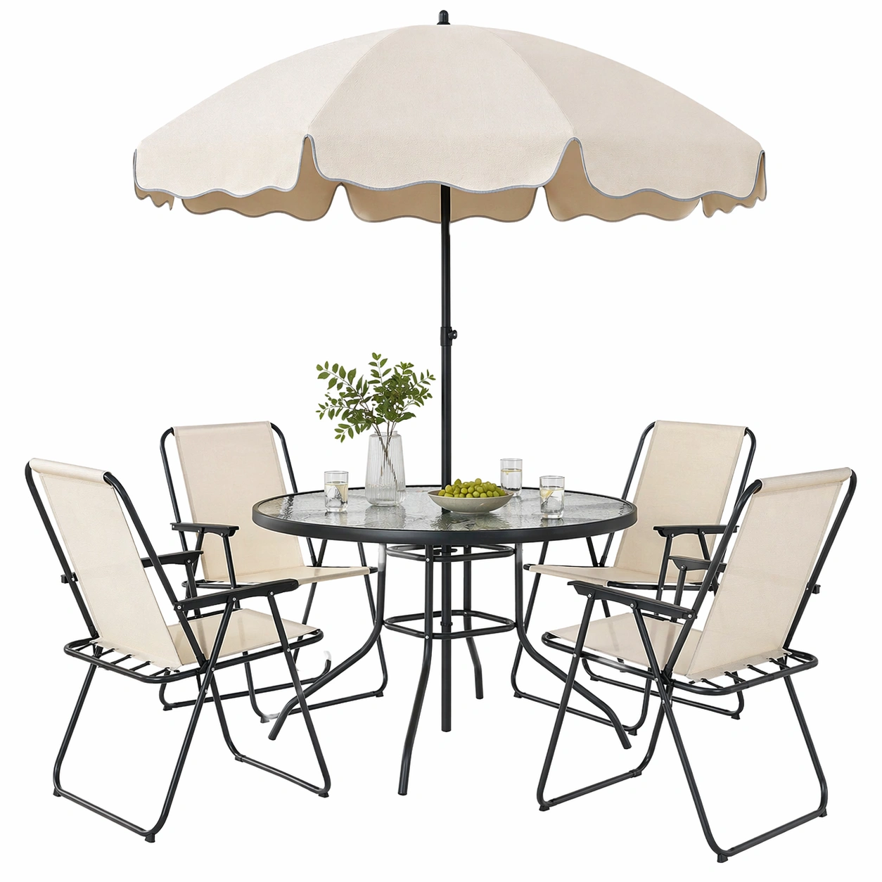 6 teiliges Gartenmoebel Set mit Glastisch 4 Klappstuehlen und Sonnenschirm Outdoor Essgruppe fuer Terrasse und Balkon-movqira