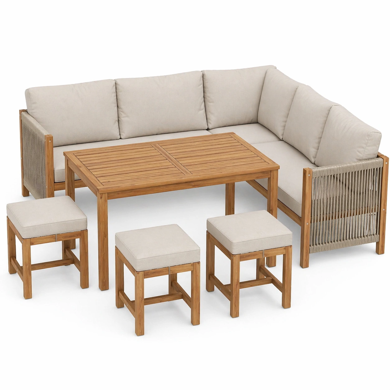 7-tlg Garten Lounge Set mit Ecksofa, Tisch und 3 Hockern, Outdoor Sitzgruppe aus Holz mit Kissen-movqira