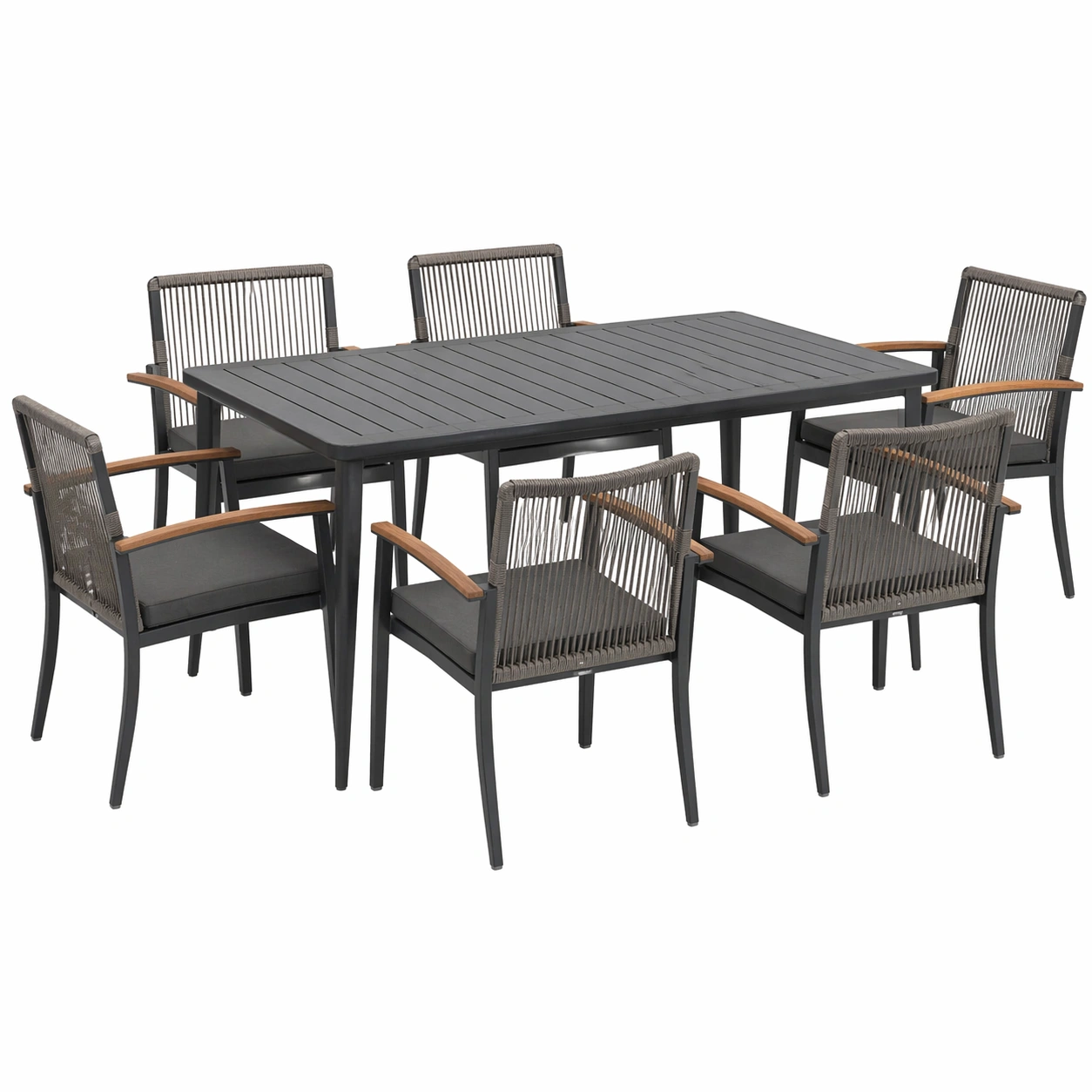 7-teiliges Garten Essgruppe Set mit Tisch und 6 Stuehlen, modernes Outdoor Dining Set mit Armlehnen und Kissen, Dunkelgrau-movqira