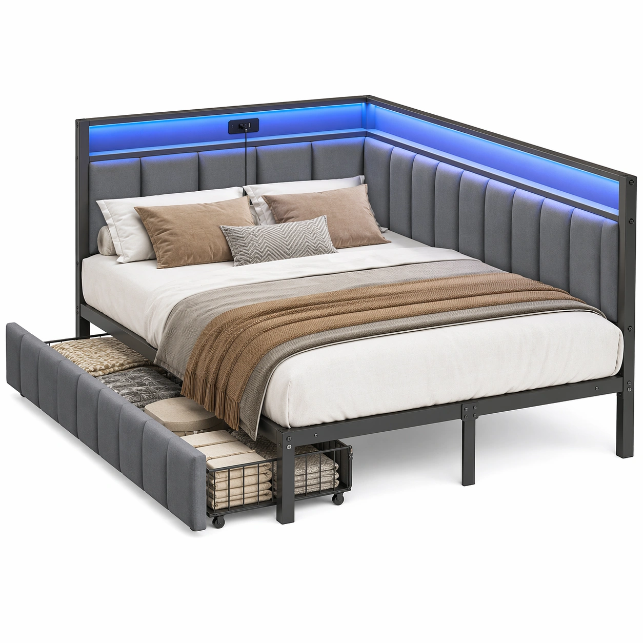 Polsterbett 90 x 190 cm mit LED Beleuchtung und USB Anschluss, Einzelbett mit Stauraum und Metallrahmen, modernes Bett fuer Schlafzimmer und Studio, Grau-movqira