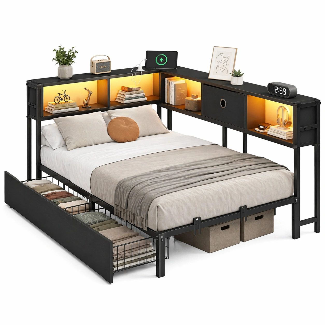 Modernes Einzelbett 90x190 cm mit LED Beleuchtung Steckdosen Regal Kopfteil und Schubladen Stauraum Bett mit Metallrahmen fuer Jugendzimmer-movqira