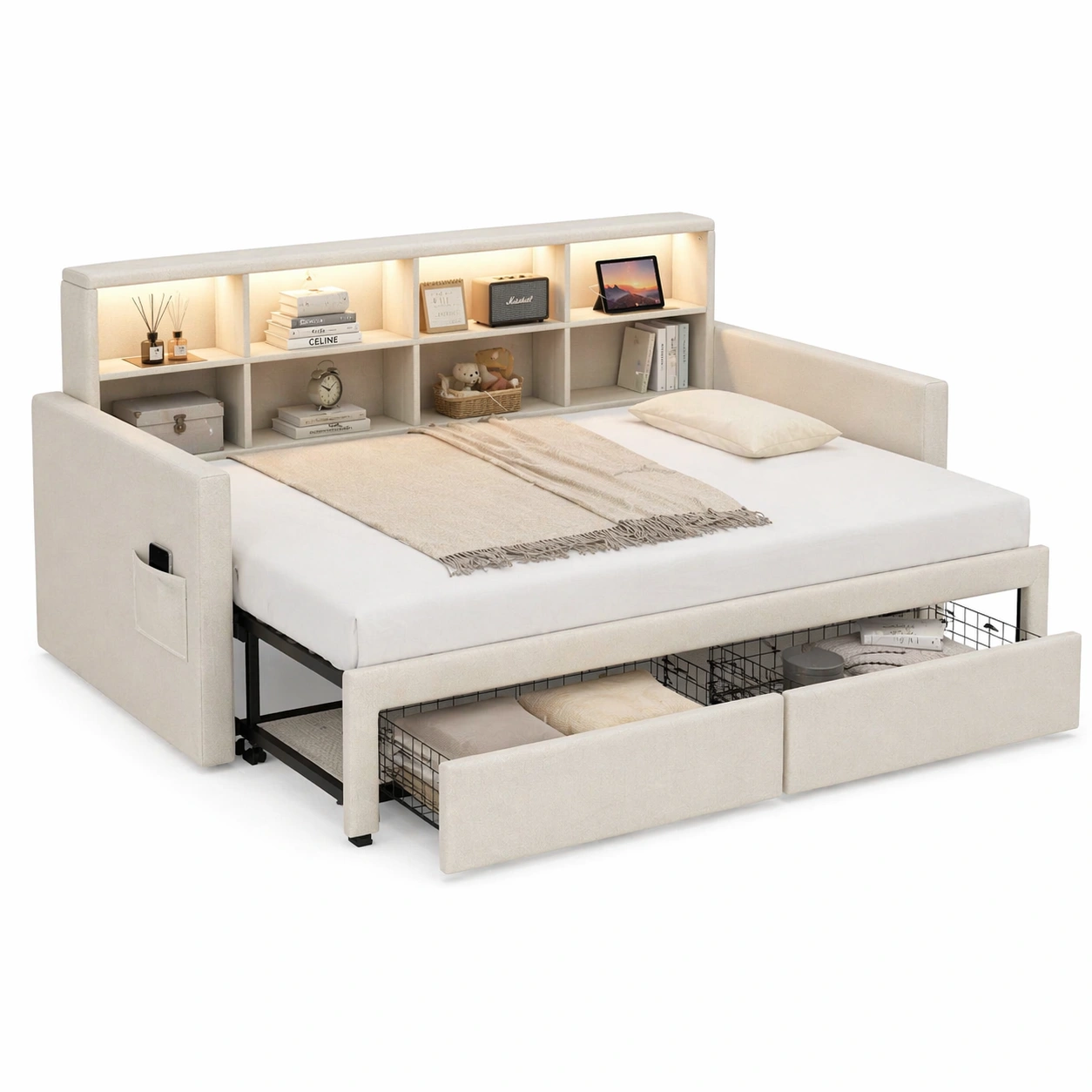 Einzelbett mit Ausziehfunktion und Kopfteil mit Stauraum, Bettgestell mit LED Beleuchtung und Schubladen 90 x 190 cm-movqira