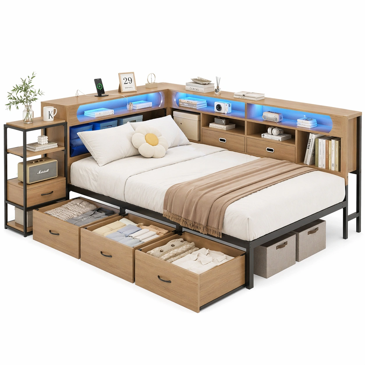 Modernes Einzelbett 90x190 mit Stauraum, L Form Kopfteil mit Regalen, LED Beleuchtung und Schubladen, Naturholz-movqira