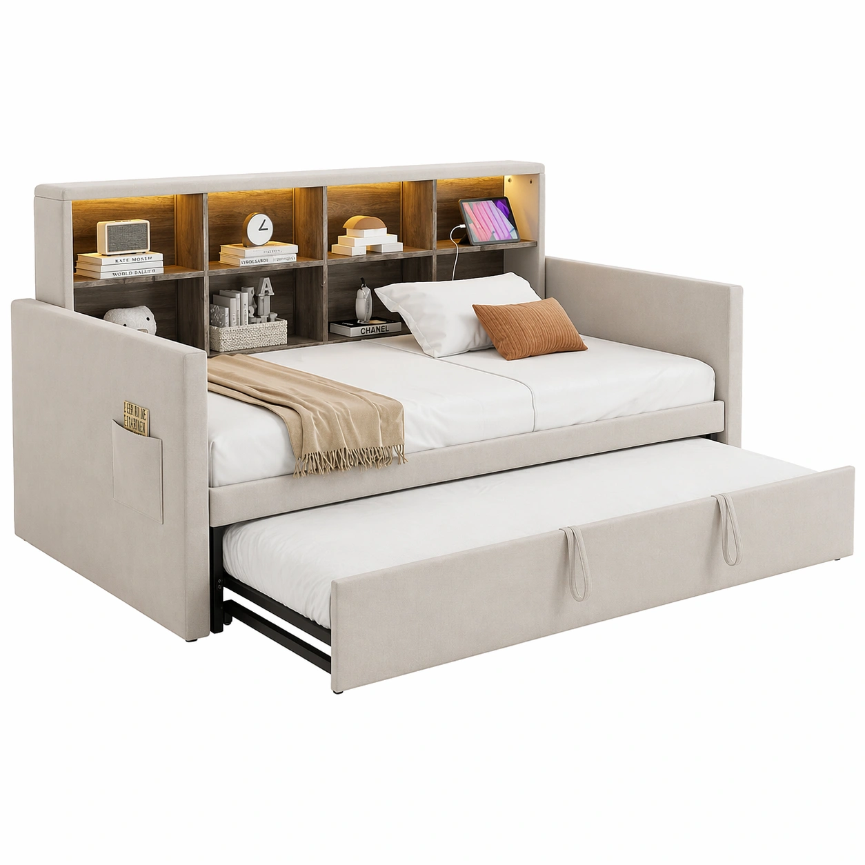 Einzelbett 90x190 cm mit Ausziehbett und Stauraum Kopfteil Gepolstertes Tagesbett mit LED und USB Hellgrau-movqira