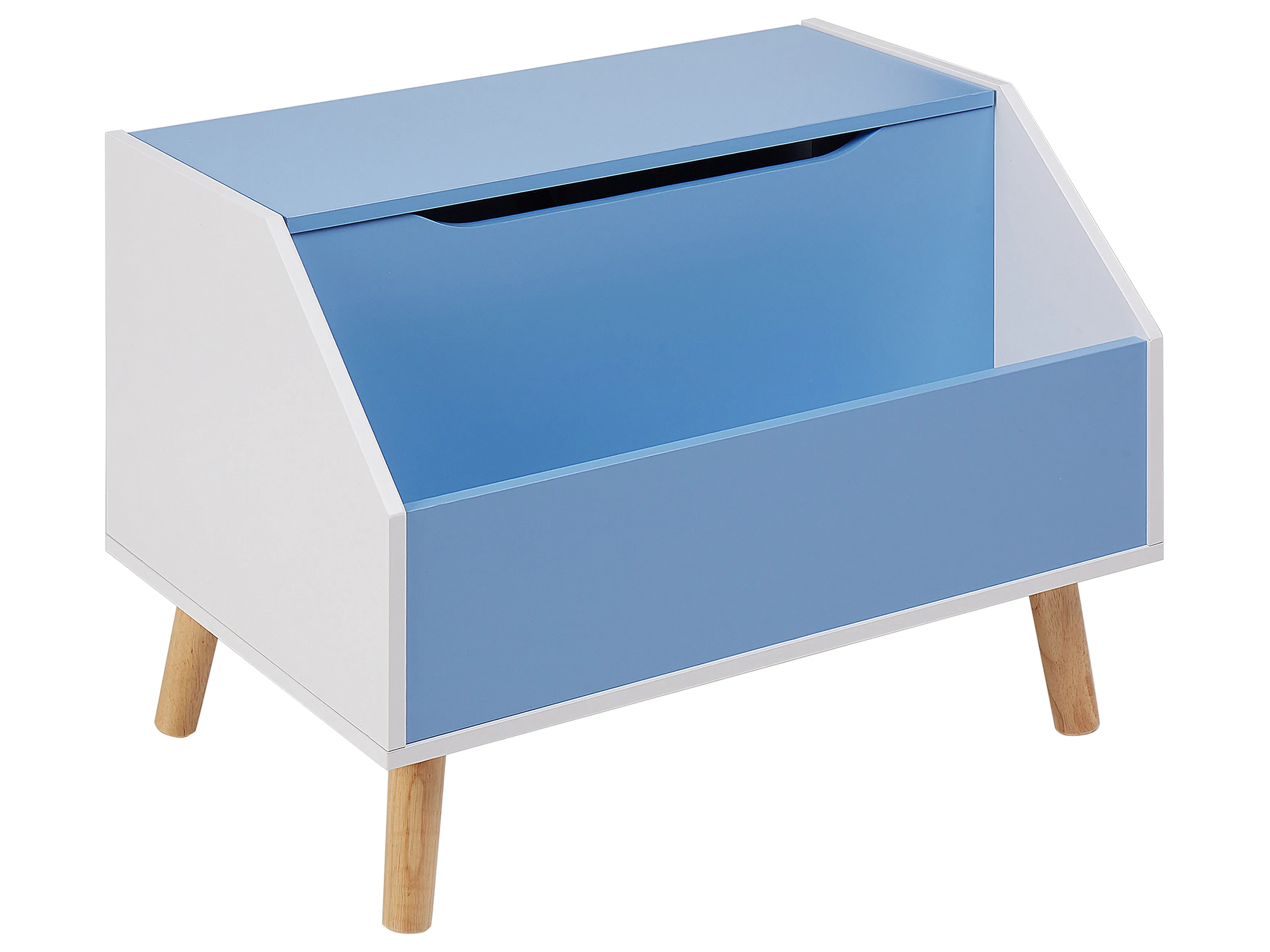 Mesita de noche moderna azul con cajón y patas de madera-buyrenoza