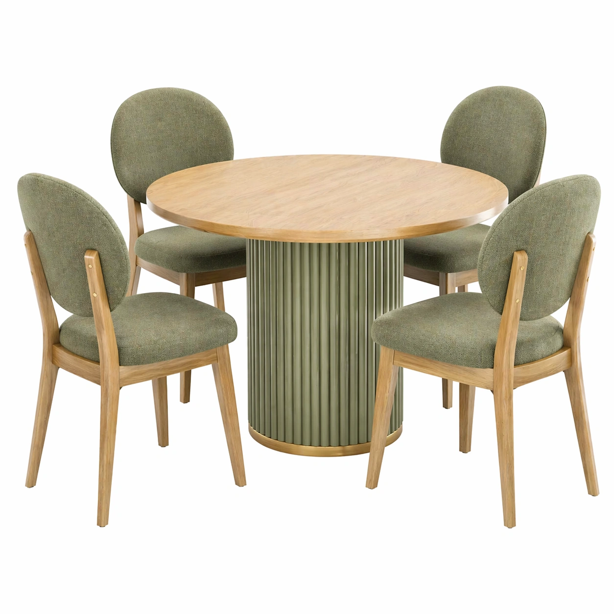 Conjunto de mesa redonda extensible con 4 sillas tapizadas verde natural 110/155 cm-buyrenoza