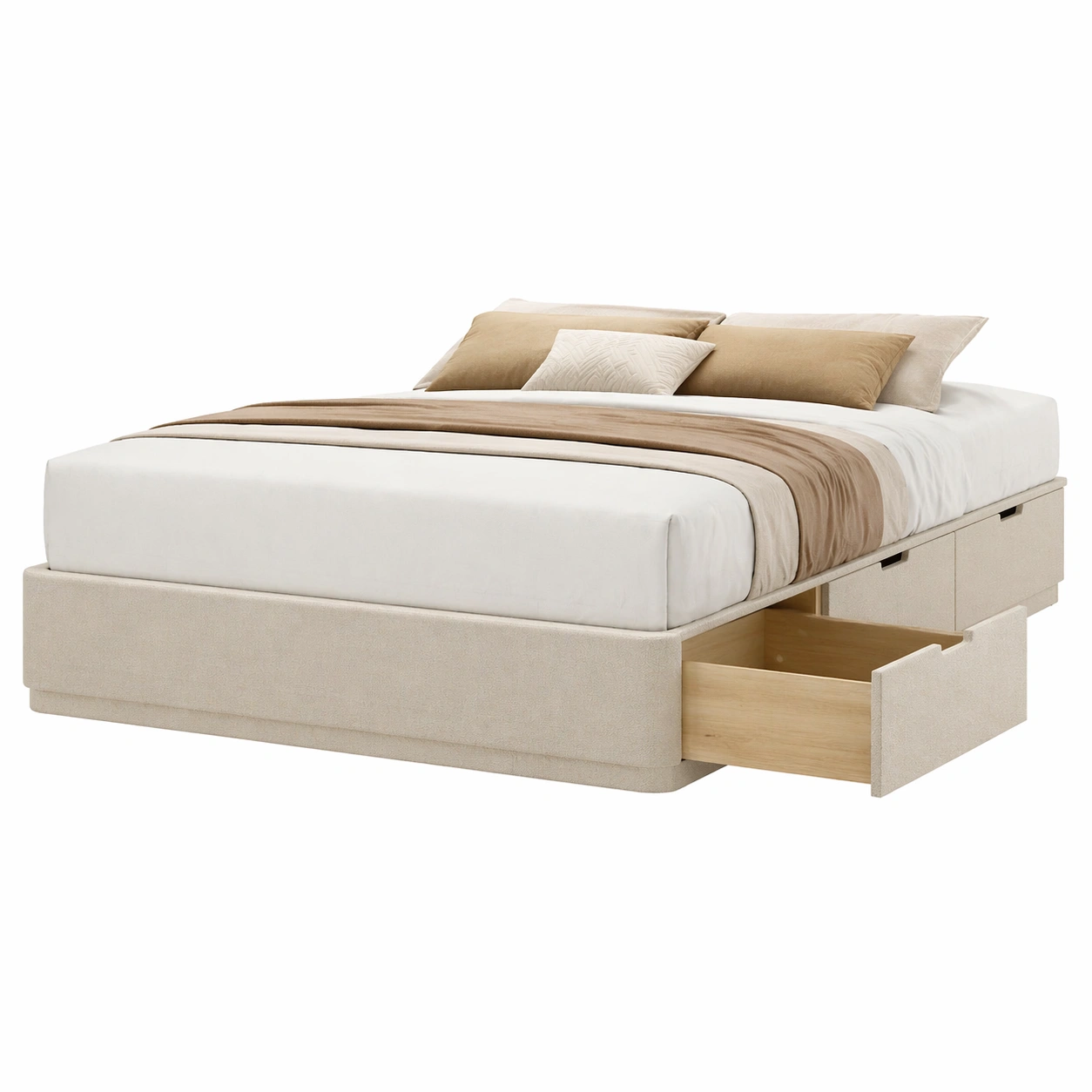 Cama tapizada con almacenamiento integrado y cajones laterales en tono beige claro 160x200 cm-buyrenoza