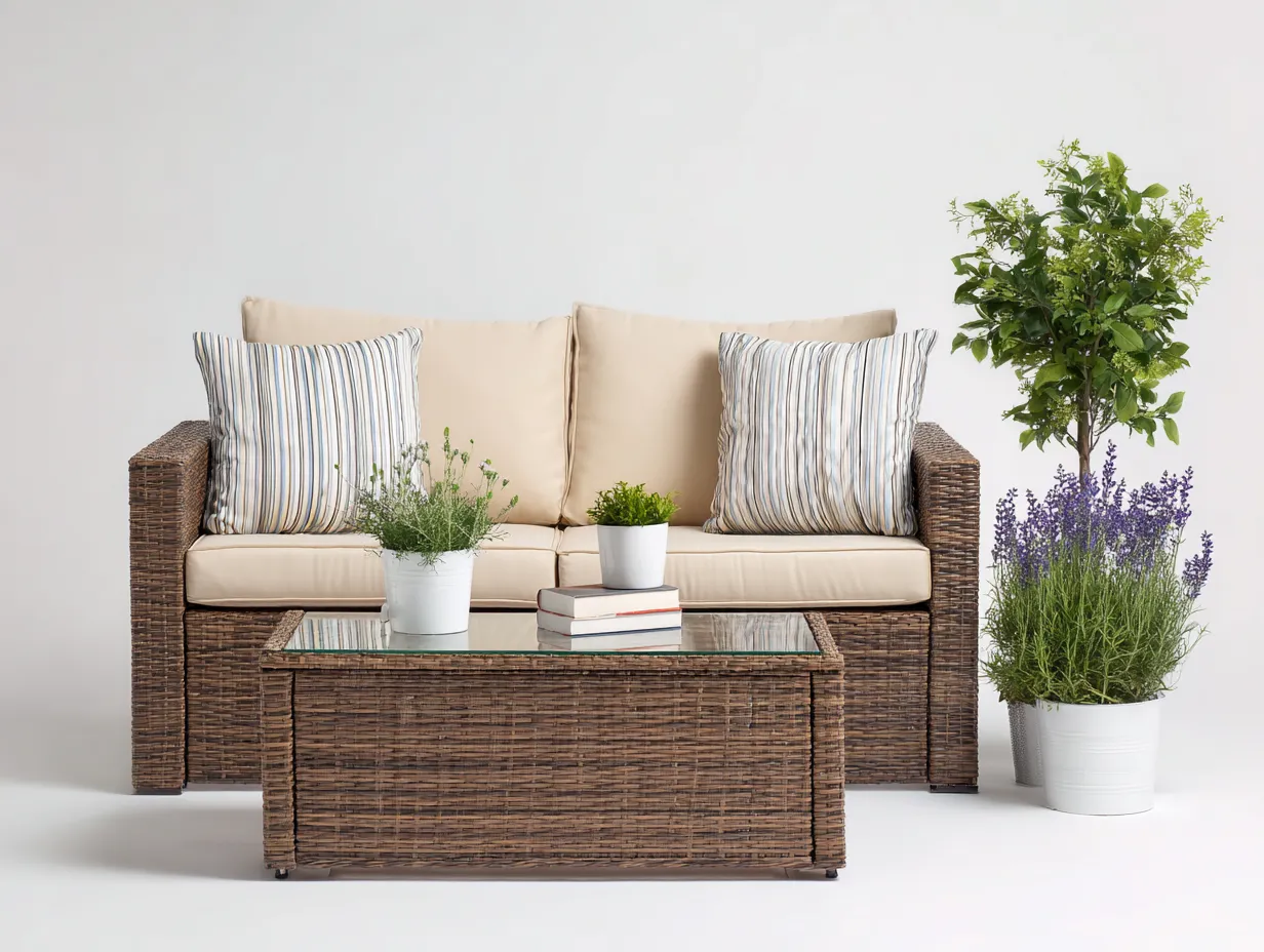 Sofy ogrodowe - rattan naturalny-szkło-tkanina - 170 x 90 x 83 cm - brązowy-beżowy - nowoczesny-Miviaianest