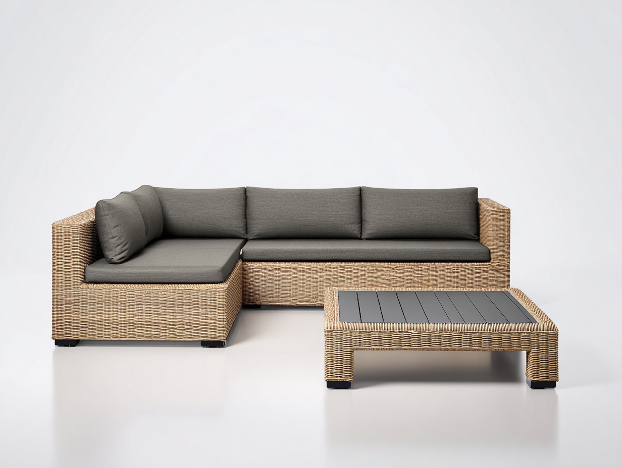 Sofy ogrodowe - rattan syntetyczny-drewno-tkanina - 210 x 150 x 80 cm - brązowy-szary - nowoczesny-Miviaianest