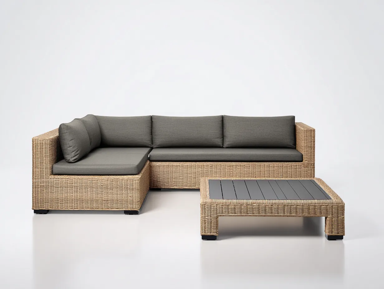 Sofy ogrodowe - rattan syntetyczny-drewno-tkanina - 210 x 150 x 80 cm - brązowy-szary - nowoczesny-Miviaianest