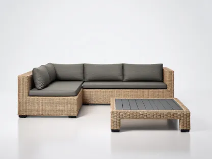 Sofy ogrodowe - rattan syntetyczny-drewno-tkanina - 210 x 150 x 80 cm - brązowy-szary - nowoczesny-Miviaianest