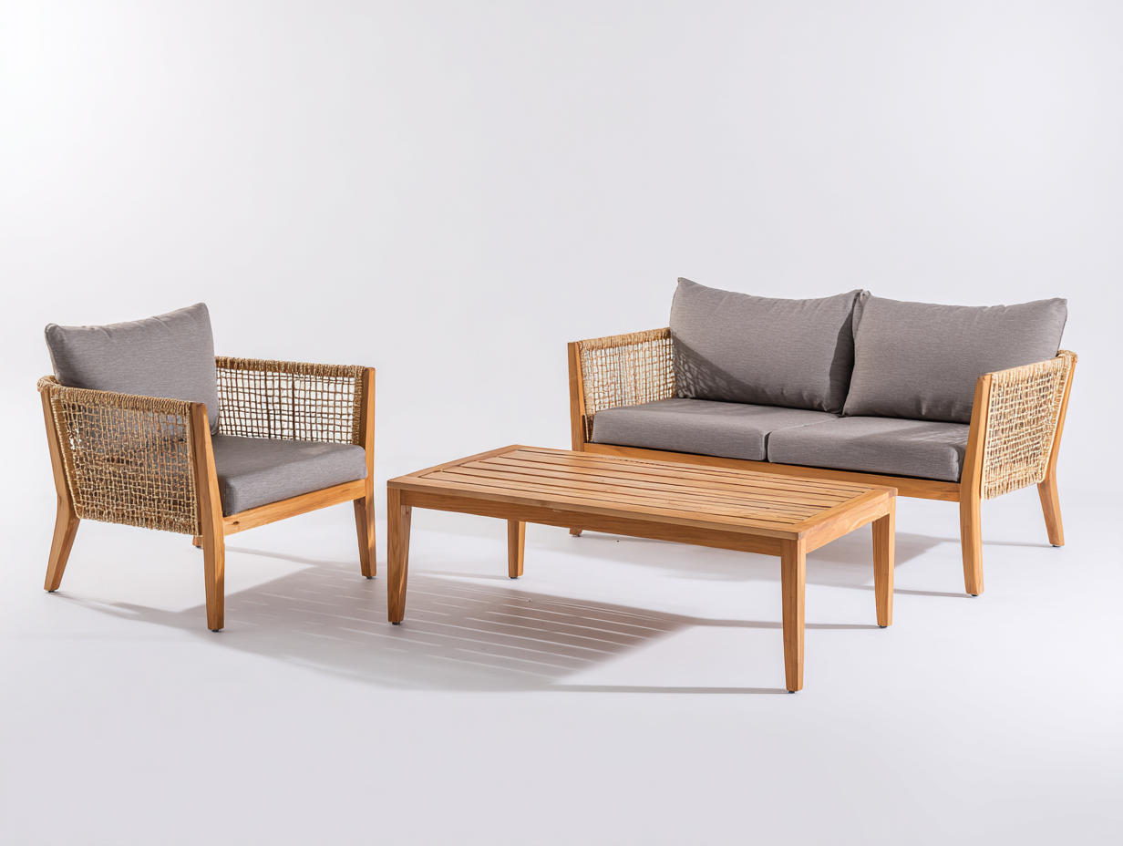Sofy ogrodowe - drewno-rattan syntetyczny-tkanina - 185 x 80 x 78 cm - naturalny-szary - nowoczesny-Miviaianest