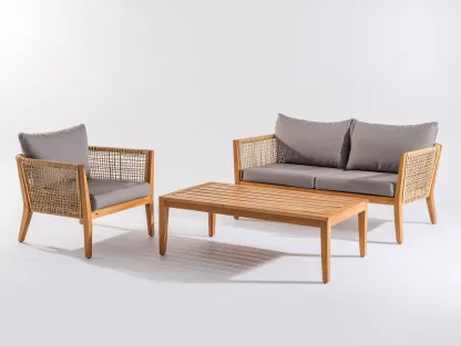 Sofy ogrodowe - drewno-rattan syntetyczny-tkanina - 185 x 80 x 78 cm - naturalny-szary - nowoczesny-Miviaianest