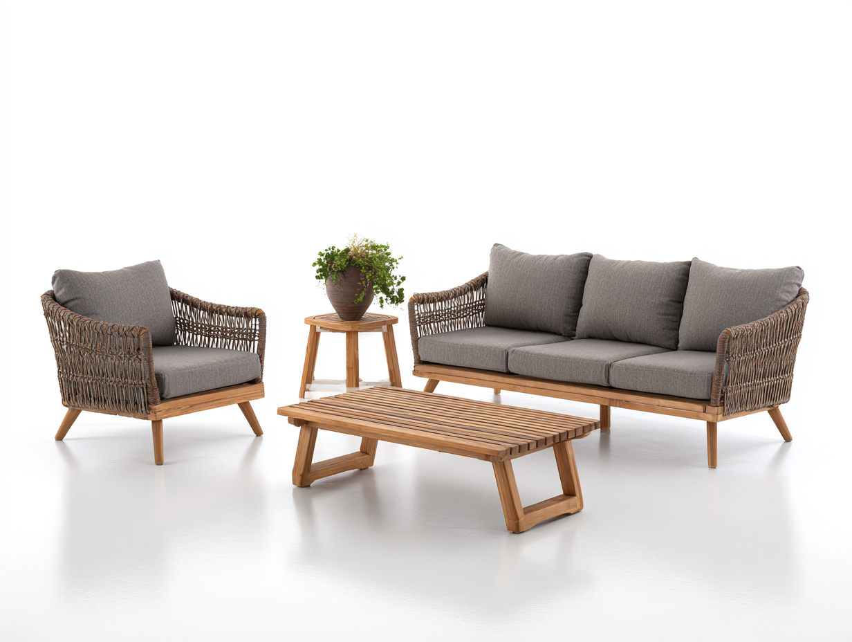 Sofy ogrodowe - drewno-rattan syntetyczny-tkanina - 195 x 82 x 80 cm - naturalny-szary - nowoczesny-Miviaianest