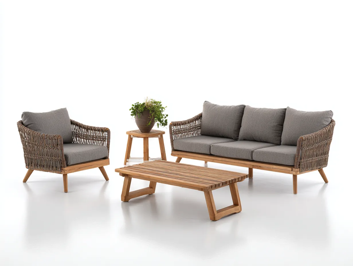 Sofy ogrodowe - drewno-rattan syntetyczny-tkanina - 195 x 82 x 80 cm - naturalny-szary - nowoczesny-Miviaianest