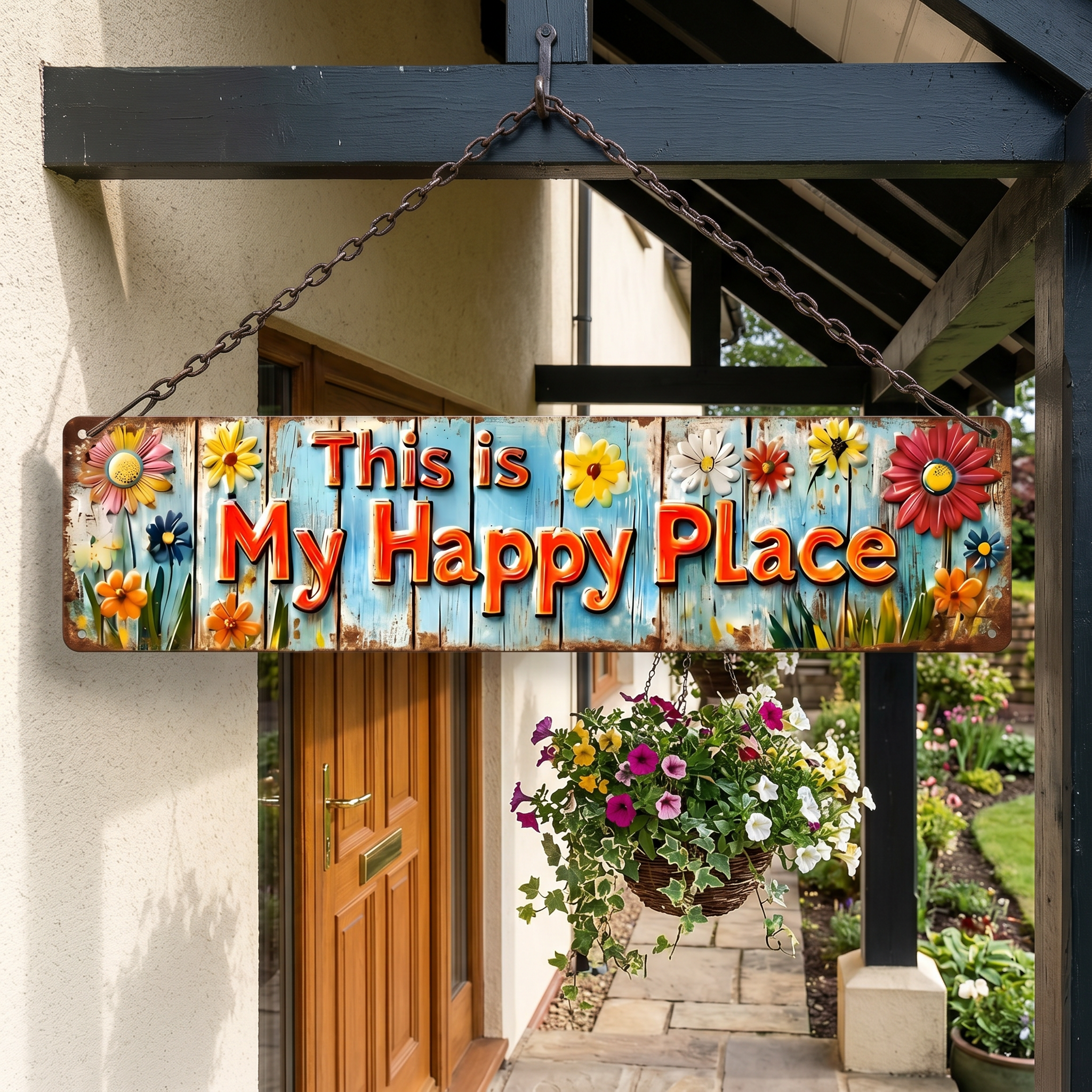 "This Is My Happy Place" Metal Sign With Vibrant Floral Pattern