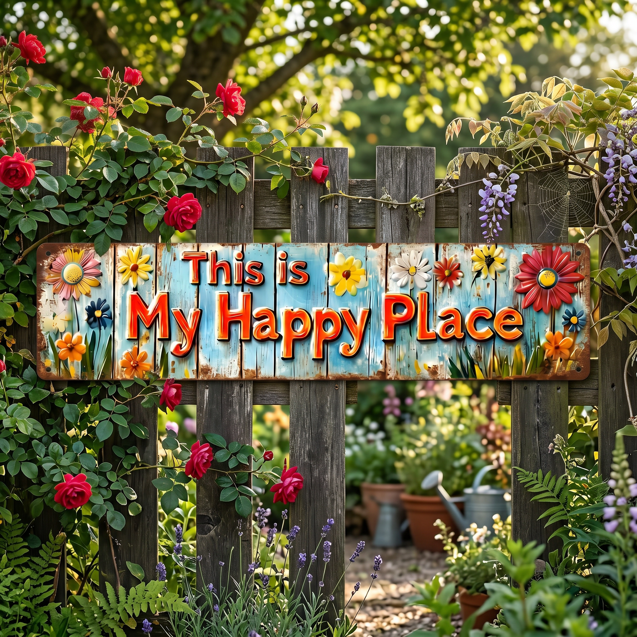 "This Is My Happy Place" Metal Sign With Vibrant Floral Pattern