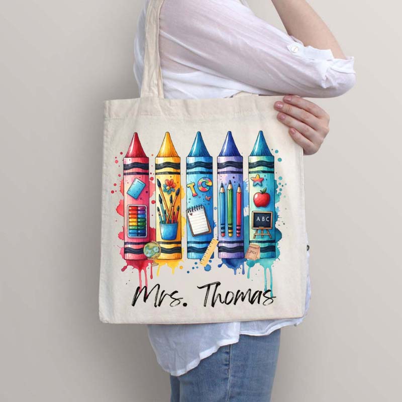 Personalized Crayon Brushstroke Teacher Tote Bag