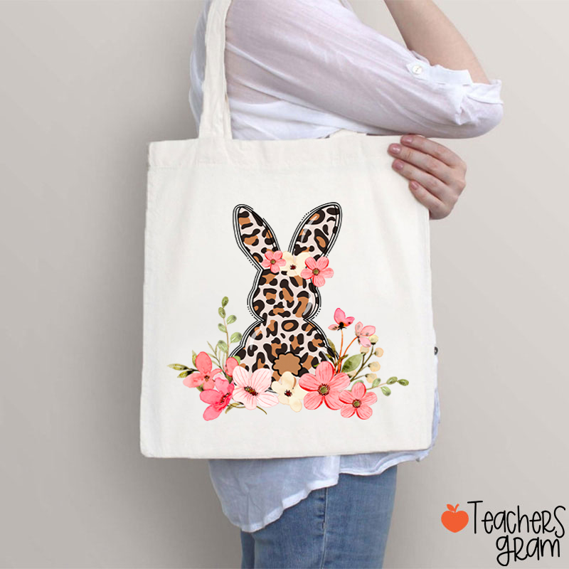 Leopard Floral Bunny Teacher Tote Bag