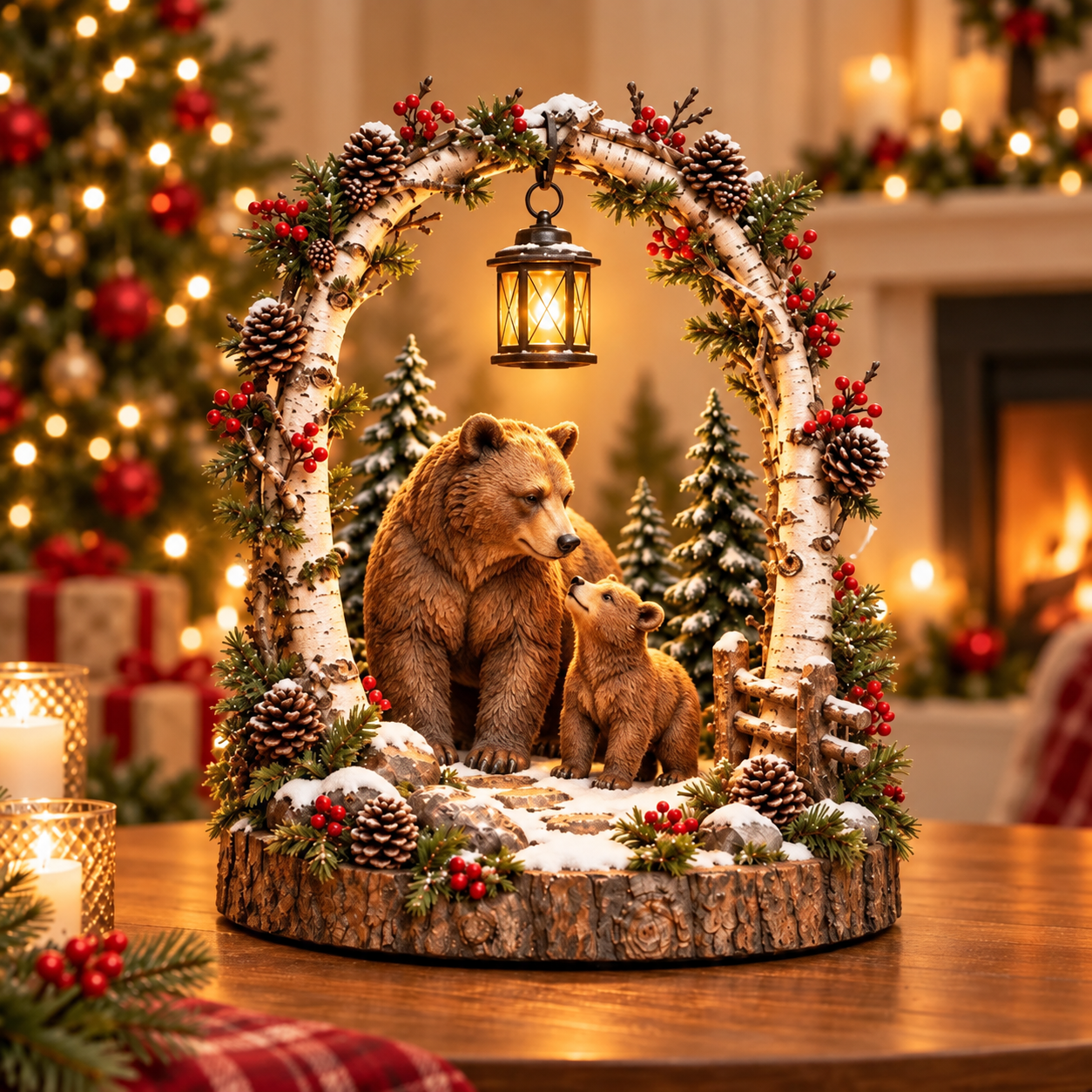 🦬 Highland Cow Christmas Woodland Lantern Decor 🎄 – Rustic Lighted Farmhouse Winter Tabletop Decoration 🎁