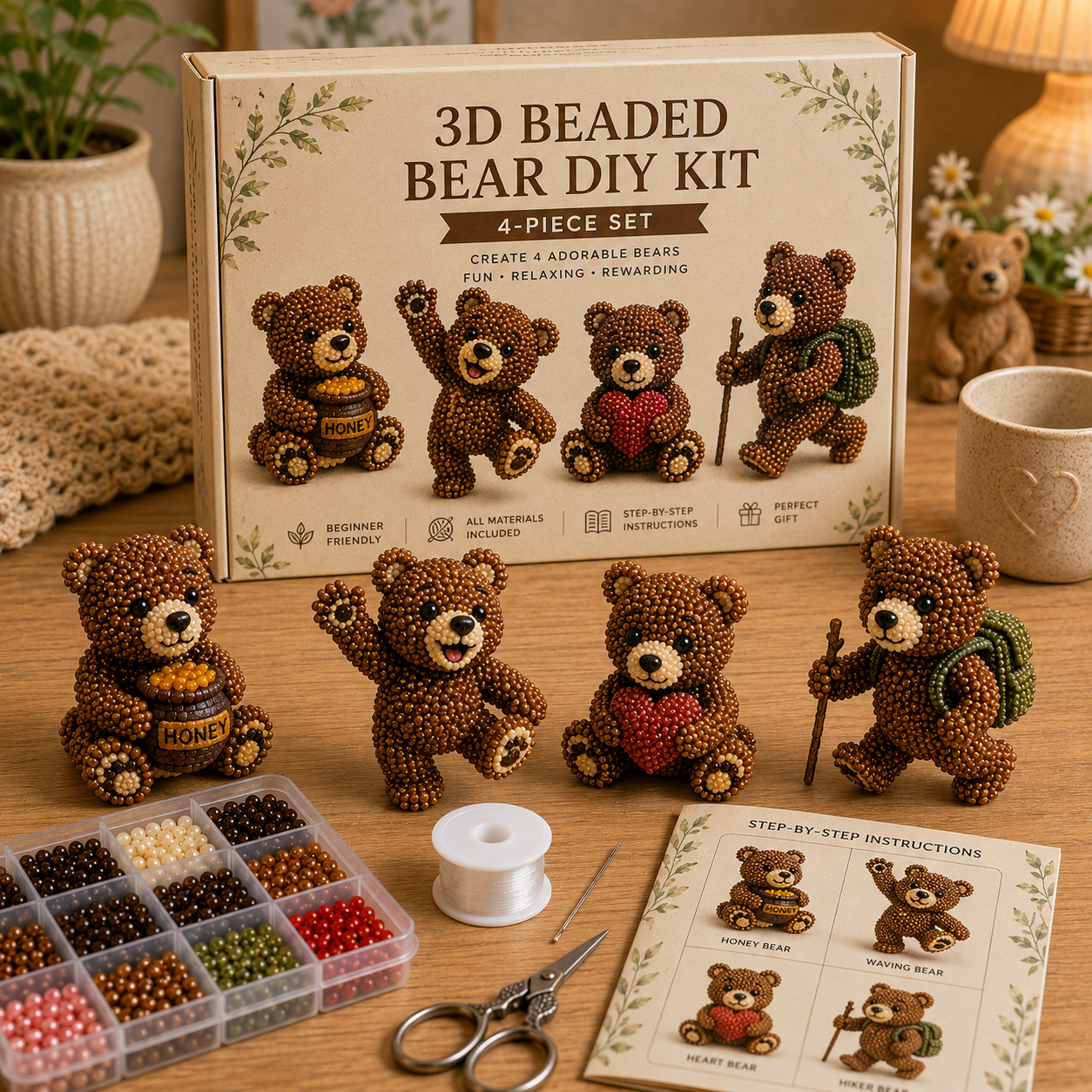 3D Beaded Bear DIY Kit – 4-Piece Handmade Bear Craft Set