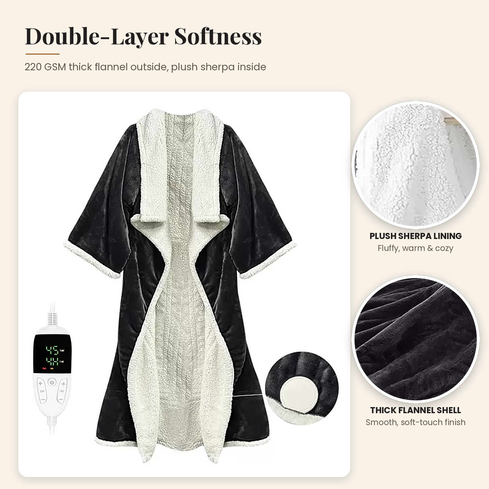 Wearable Heated Blanket Robe – Sherpa-Lined Flannel Robe with 8 Heat Levels, Auto-Off Timer & Detachable Controller