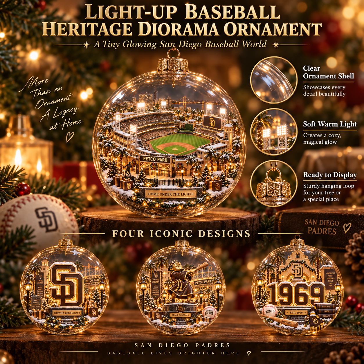 ⚾🎄 Faith. Family. Baseball. – Light-Up Baseball Heritage Christmas Ornament