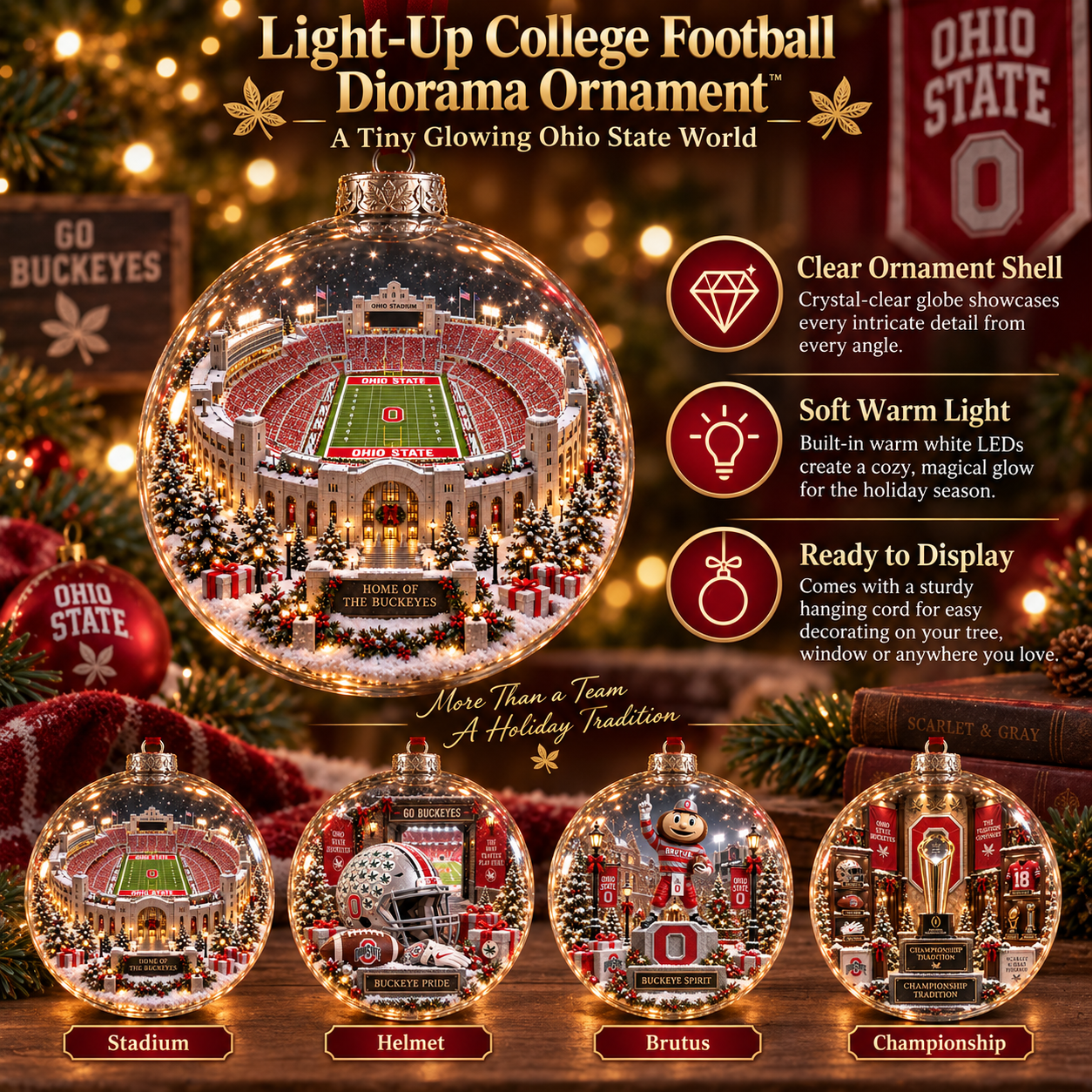 🎄 Scarlet & Gray Forever — Light-Up College Football Diorama Ornament