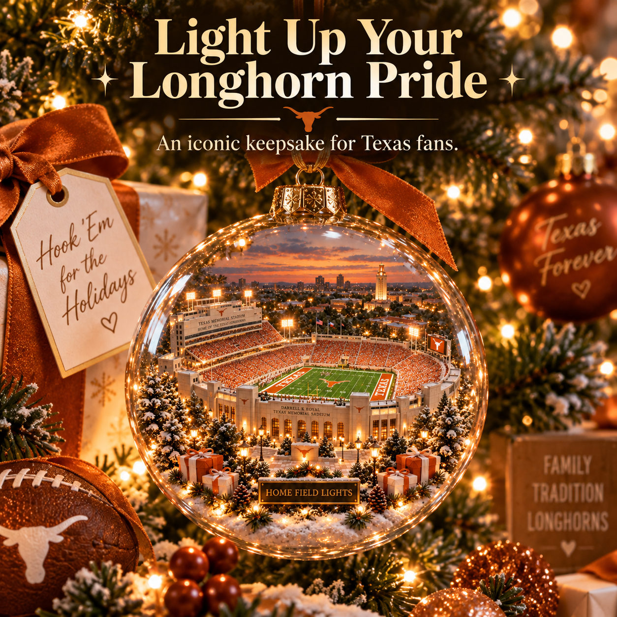 🏈🎄 Hook ’Em – Light-Up College Football Heritage Christmas Ornament