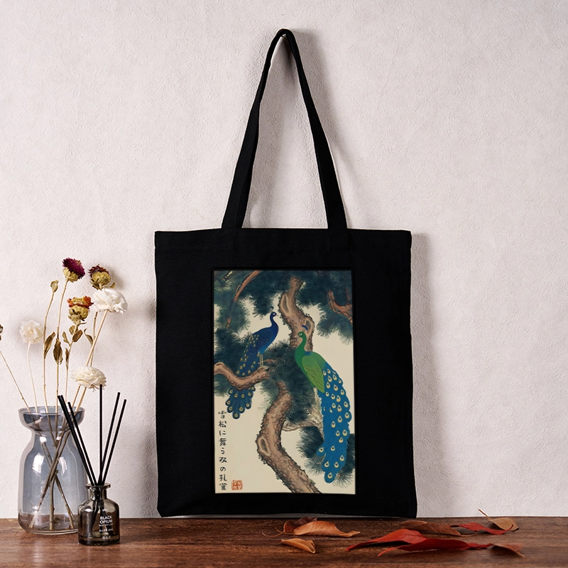 Tokyo-Tiger Peacocks in Snowy Pines Tote Bag
