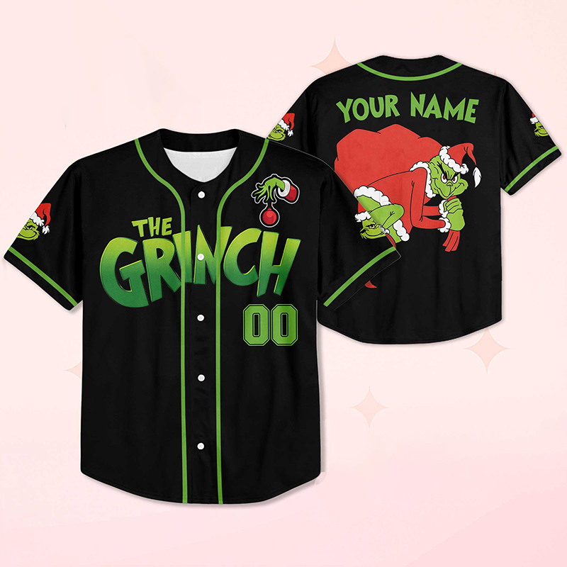Personalized Green Guy Stealing Christmas Teacher Baseball Jersey