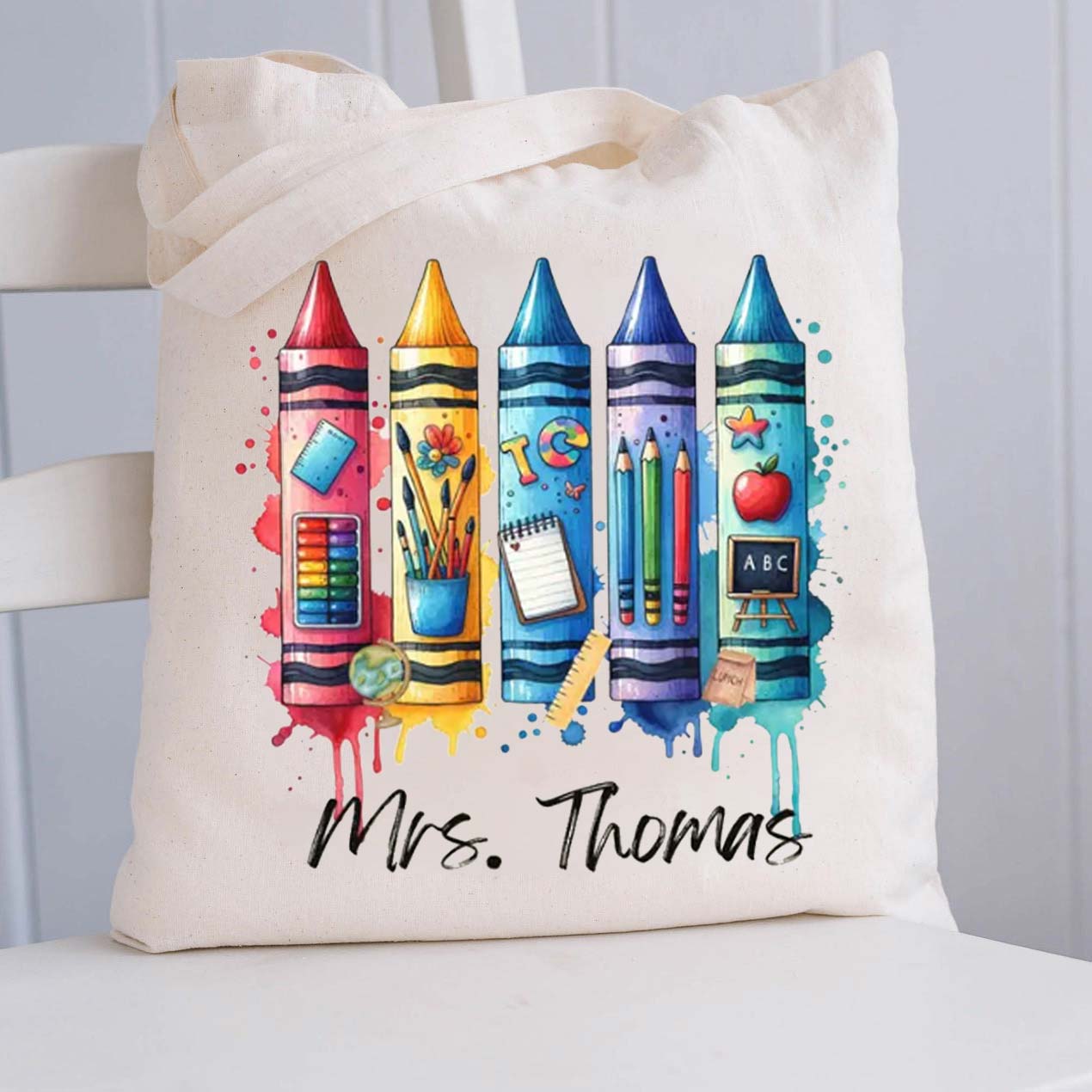 Personalized Crayon Brushstroke Teacher Tote Bag