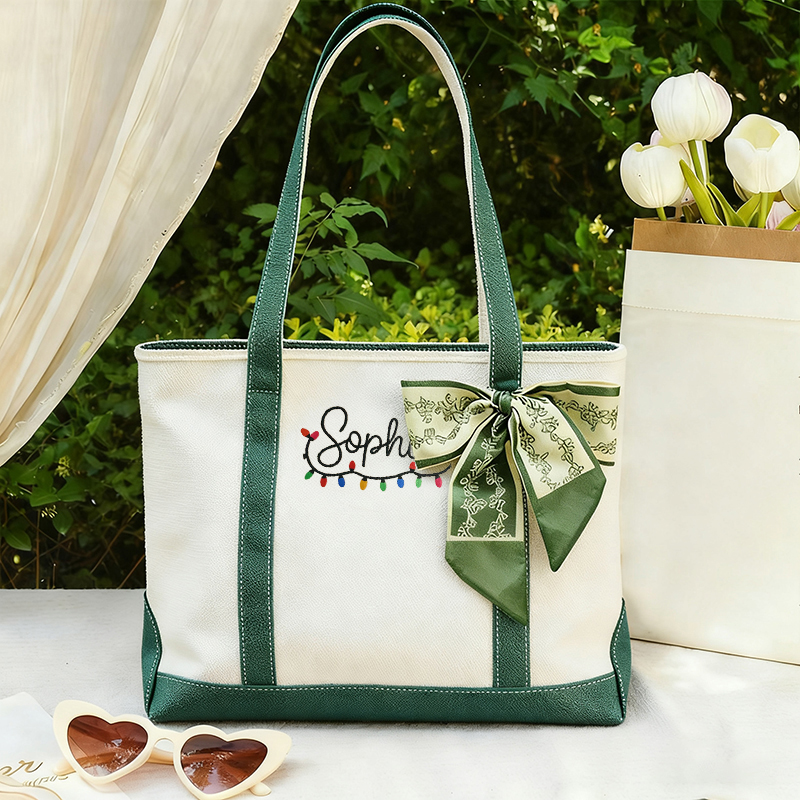 Personalized Name With Christmas Lights Teacher Canvas Tote Bag