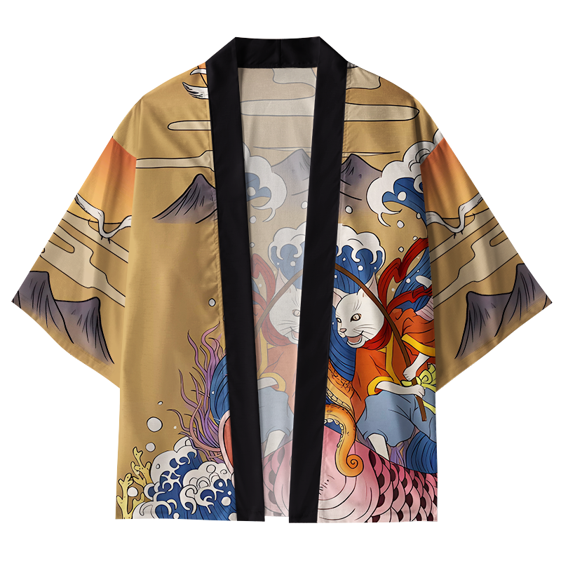 Tokyo-Tiger Japanese Cat Fishing Kimono Cardigan