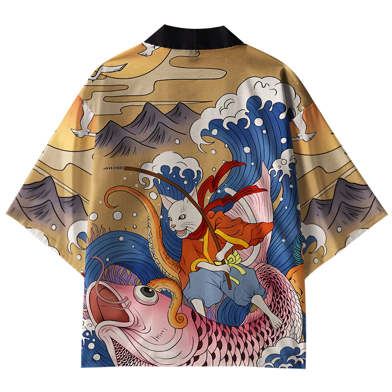 Tokyo-Tiger Japanese Cat Fishing Kimono Cardigan