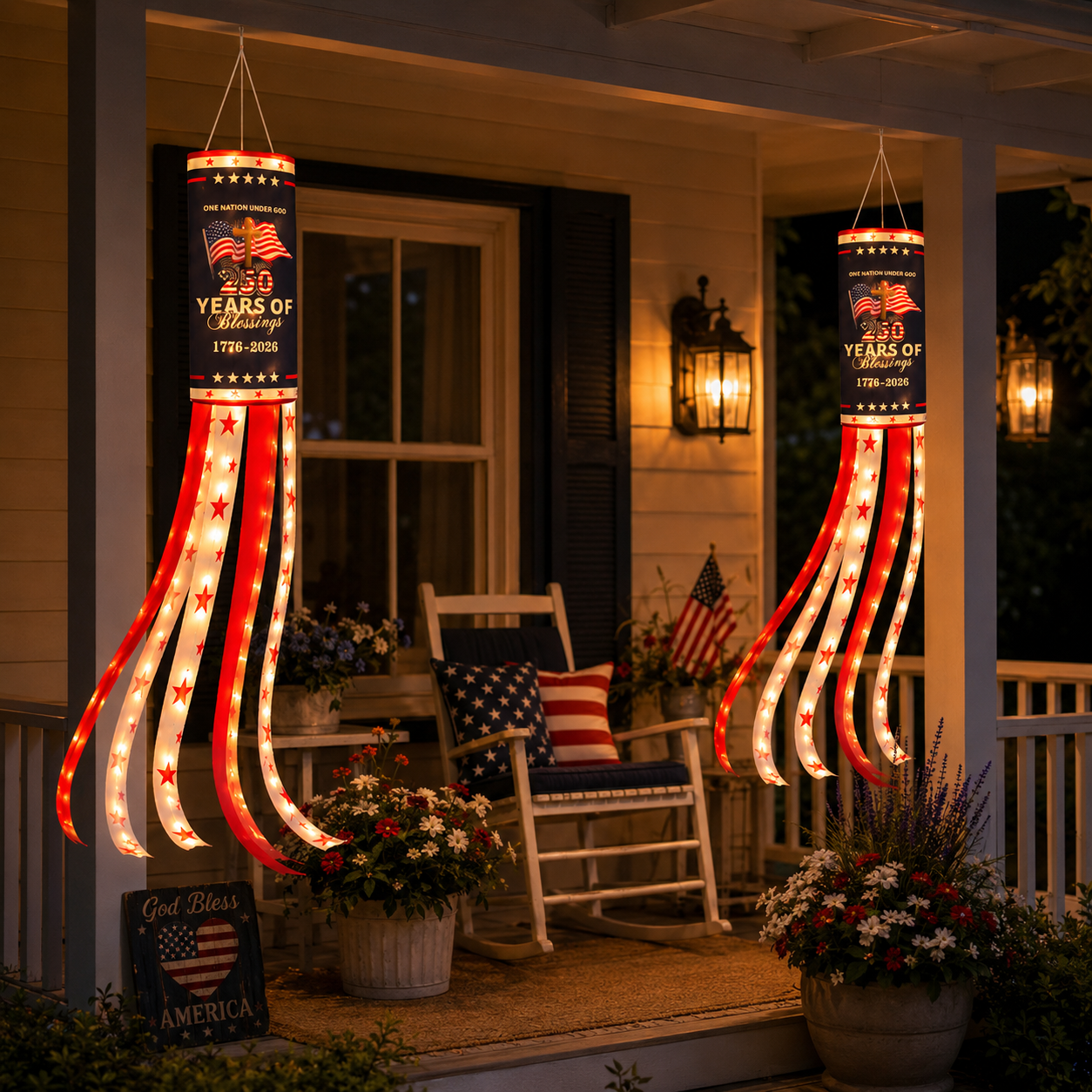 2-Pack Remote-Controlled Light-Up America 250 Patriotic Windsock Decorations