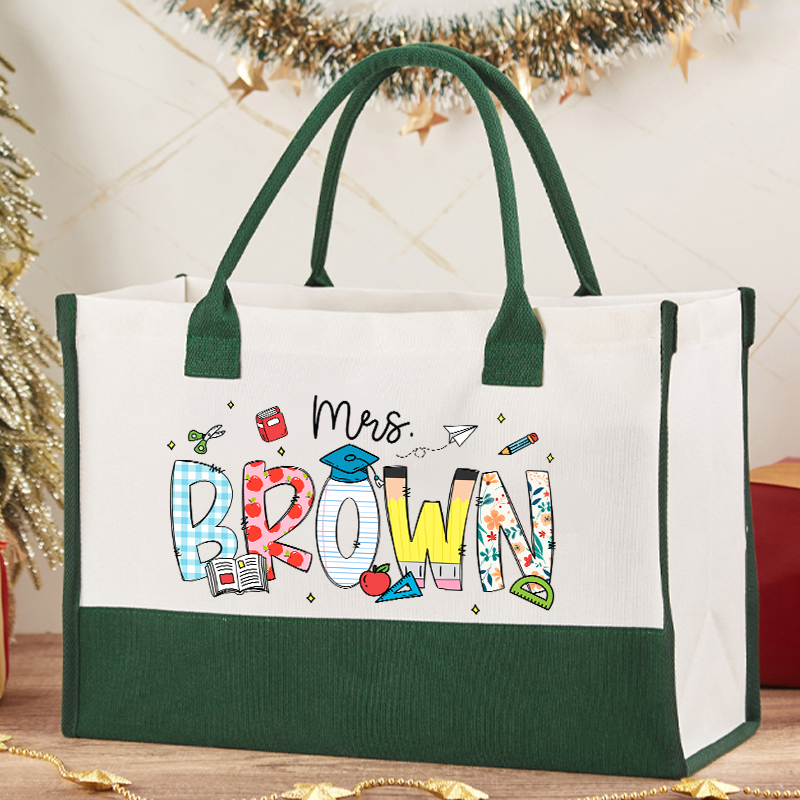 Personalized Name Cartoon Stationery Teacher Cotton Tote Bag