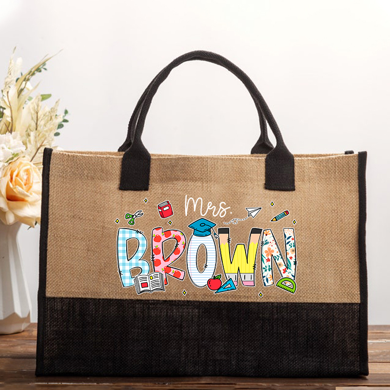 Personalized Name Cartoon Stationery Teacher Cotton Tote Bag