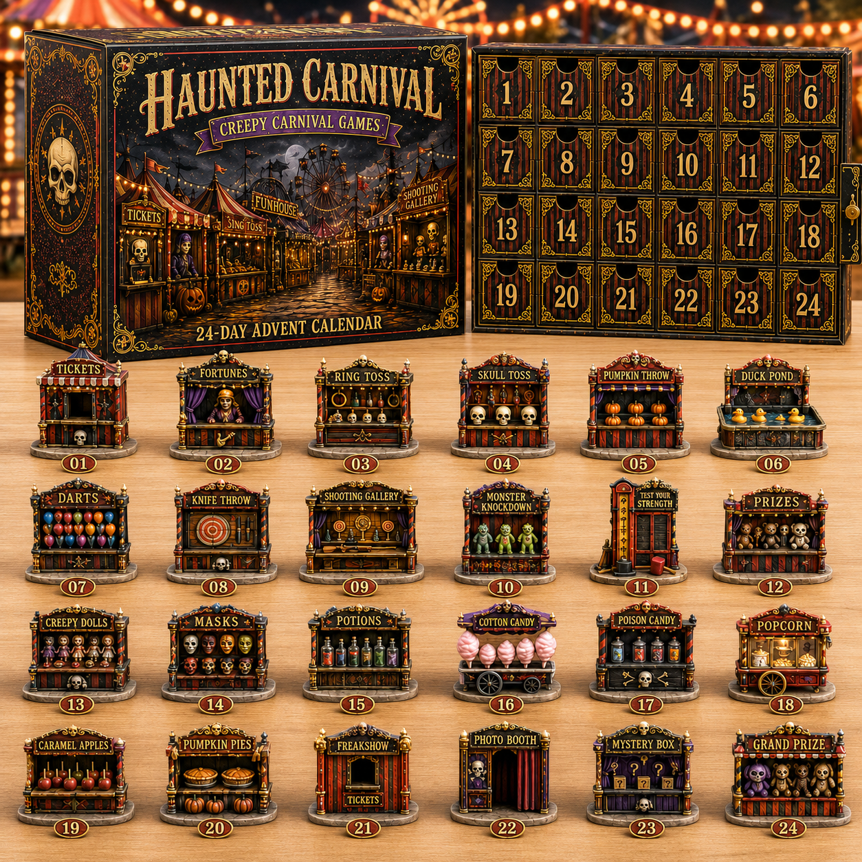 2026 Haunted Carnival Advent Calendar – 24 Collectible Miniatures, 4 Dark Carnival Styles