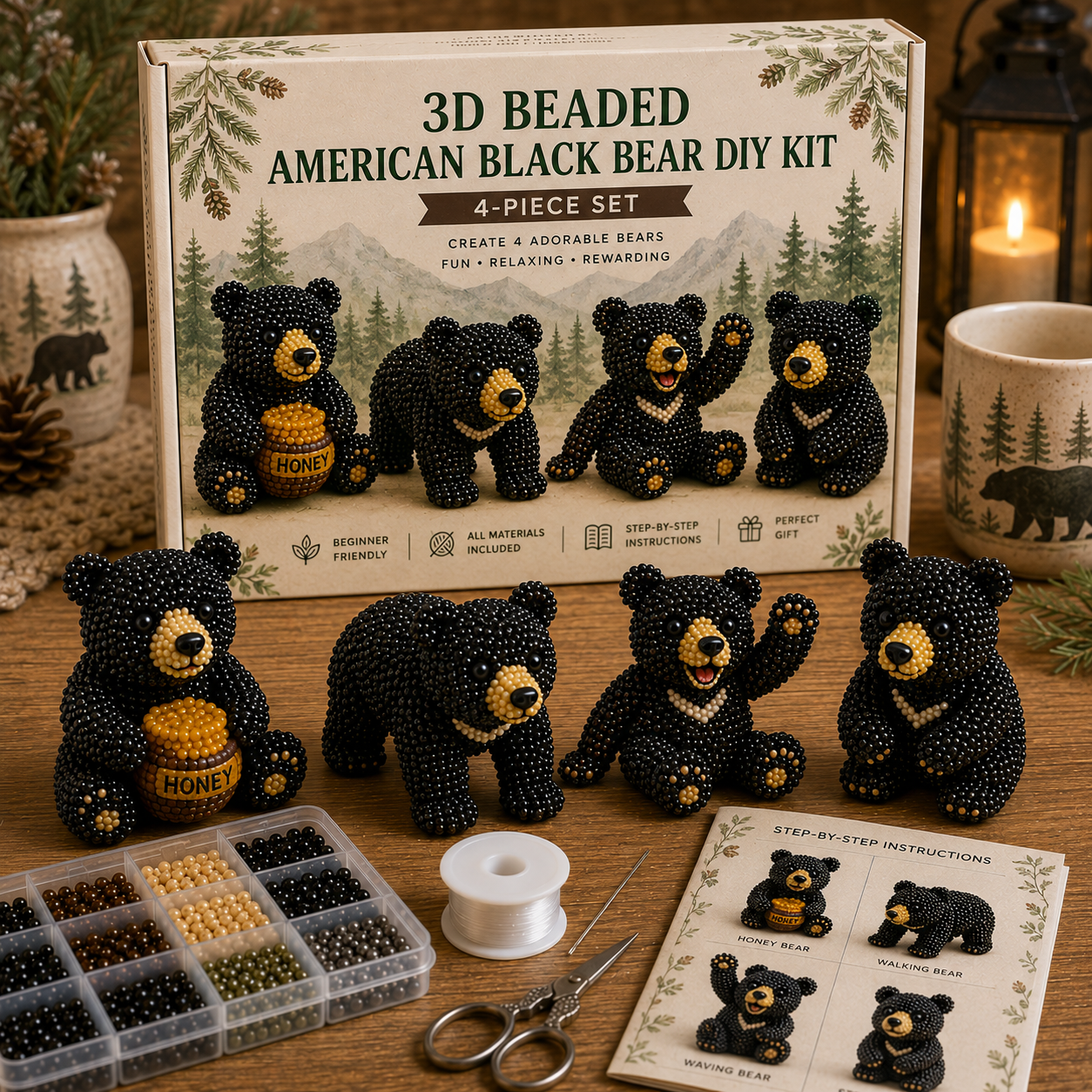 3D Beaded Bear DIY Kit – 4-Piece Handmade Bear Craft Set
